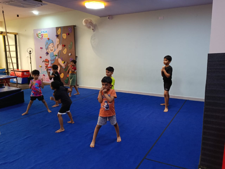 Children practising Taekwondo stances at Little Ninja Gym